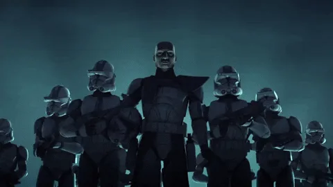 The image shows a sequence from Star Wars: The Clone Wars, featuring a group of clone troopers in dark armor. The top row…