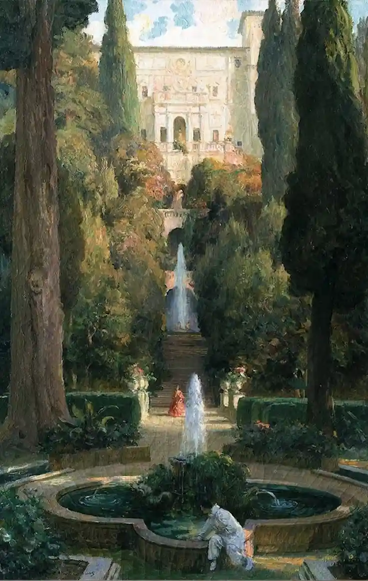 A classical painting depicts a serene garden with fountains, tall cypress trees, and a grand villa in the distance. In the…