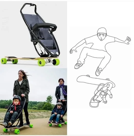 The image is a split-panel meme: left side shows a real skateboard stroller with a child seated and an adult pushing it…