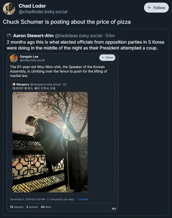A screenshot of a social media thread shows a tweet by Aaron Stewart-Ahn about a 67-year-old South Korean politician, Woo…