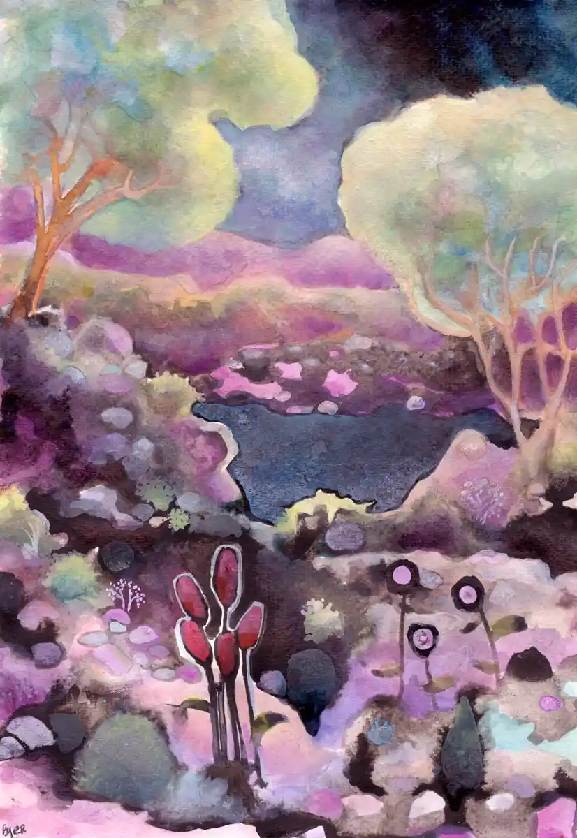 A watercolor painting depicts a surreal landscape with stylized trees, purple and pink hills, and a dark blue pond under a…