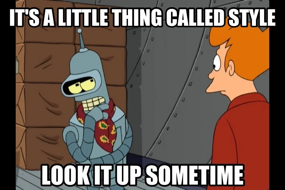 A robot with a pizza-patterned scarf and smug expression tells a human in a red shirt, 'IT'S A LITTLE THING CALLED STYLE'…