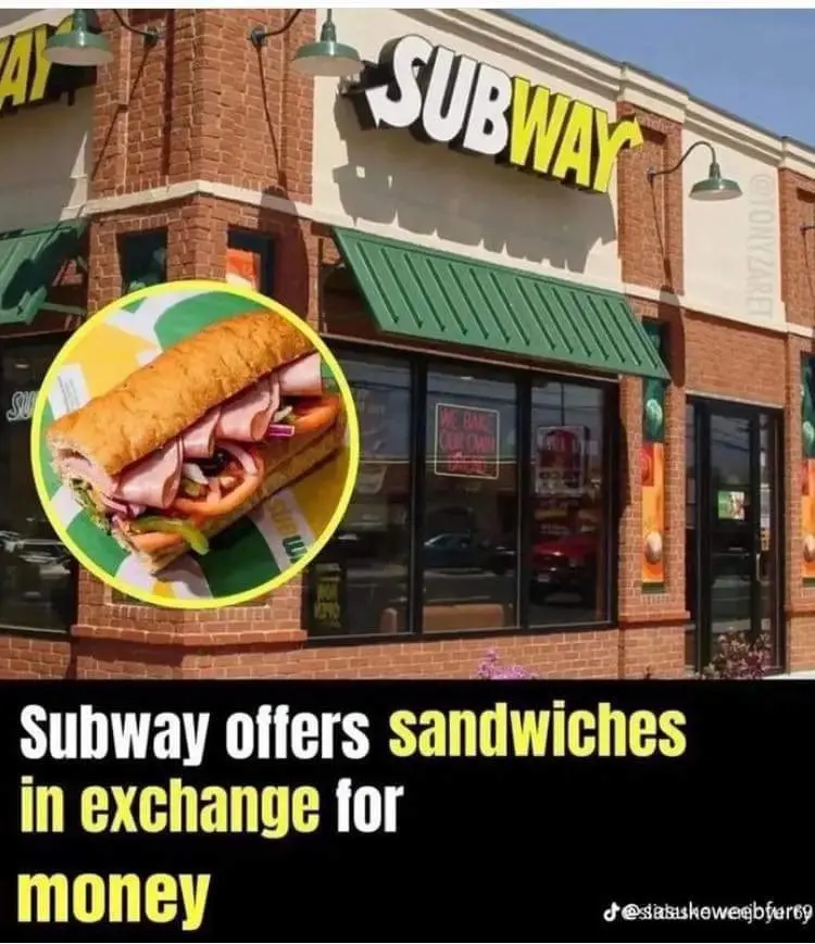 An exterior photo of a Subway restaurant with a large circular overlay showing a close-up of a Subway sandwich. The image…