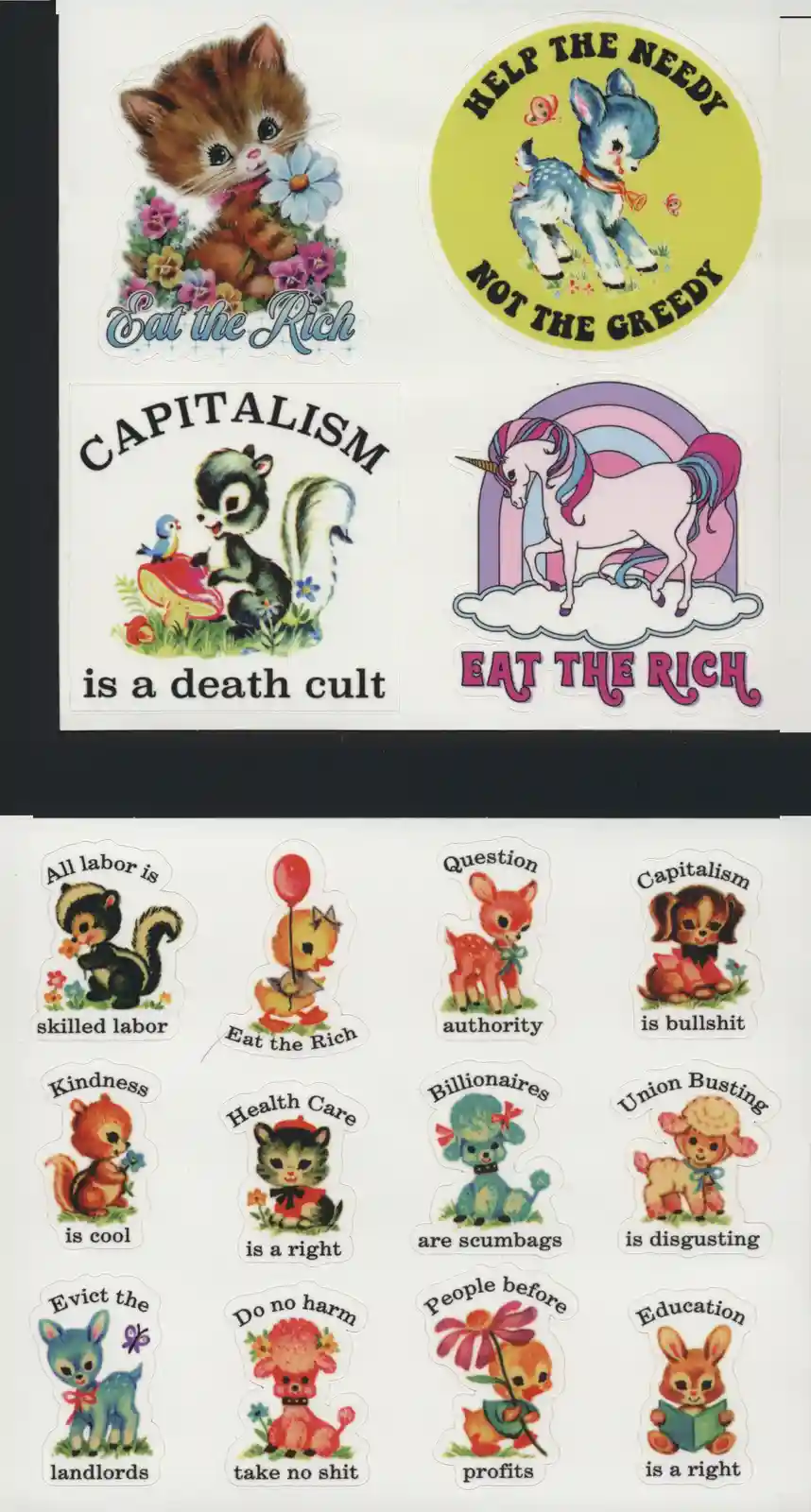 A collection of vintage-style stickers featuring cute, cartoon animals like kittens, deer, unicorns, and squirrels. Each…