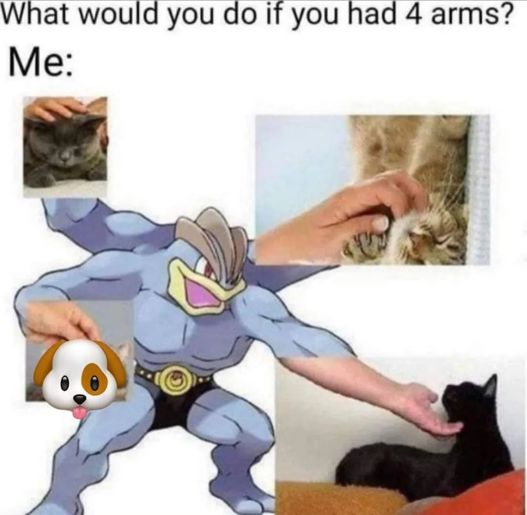 The image features a muscular cartoon character with four arms, each arm holding a different photo: one hand petting a gray…
