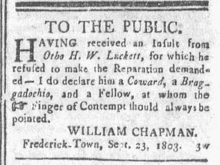 An old newspaper clipping from 1803 features a formal public declaration by William Chapman, condemning Orbo H. W. Luckett…