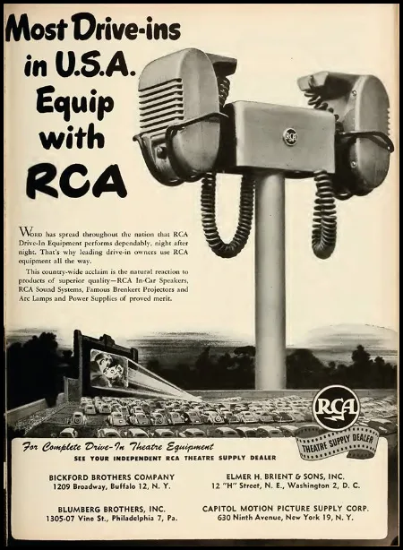 A vintage black-and-white print advertisement for RCA, showing a large outdoor drive-in movie screen with cars parked in…
