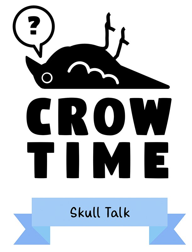 A black silhouette of a crow with a question mark in a speech bubble above its head, positioned above the bold text 'CROW…