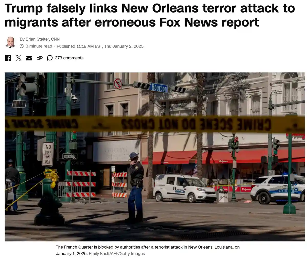 A news article screenshot shows a crime scene in New Orleans with police tape, officers, and a 'Bourbon' street sign. The…