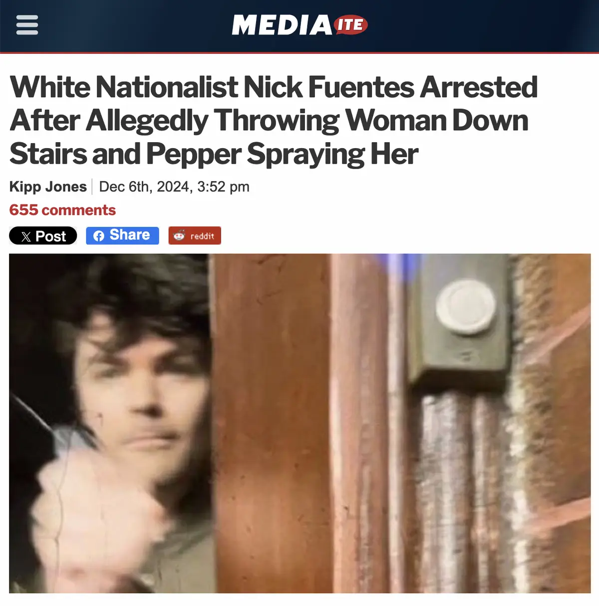 A screenshot of a Mediaite news article headline about Nick Fuentes' arrest, featuring a blurry photo of a man peering…
