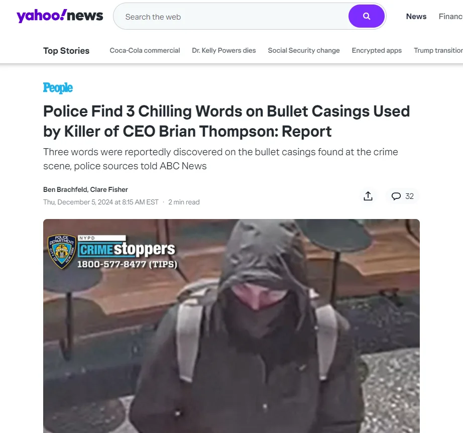 A screenshot of a Yahoo News article about a murder case, featuring a grainy surveillance image of a hooded person with a…