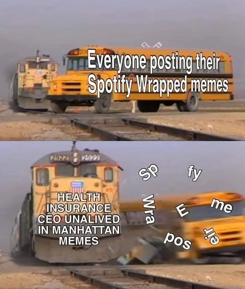 The image is a two-panel meme. The top panel shows a train and a school bus on parallel tracks, with text overlay reading…