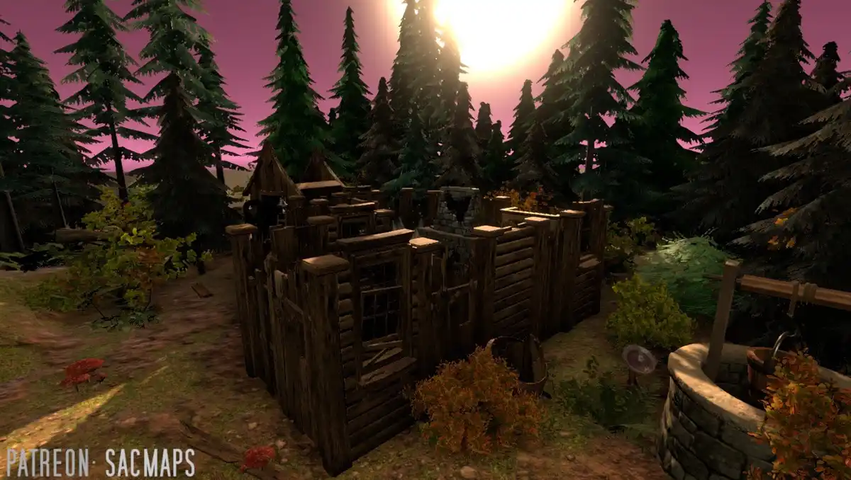 A screenshot from a video game or 3D render shows a rustic wooden cabin surrounded by tall pine trees under a purple-hued…