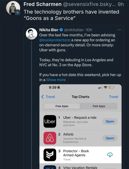 A screenshot of a Twitter thread where user Nikita Bier announces a new app called 'Protector - Book Armed Agents' ranked #3…