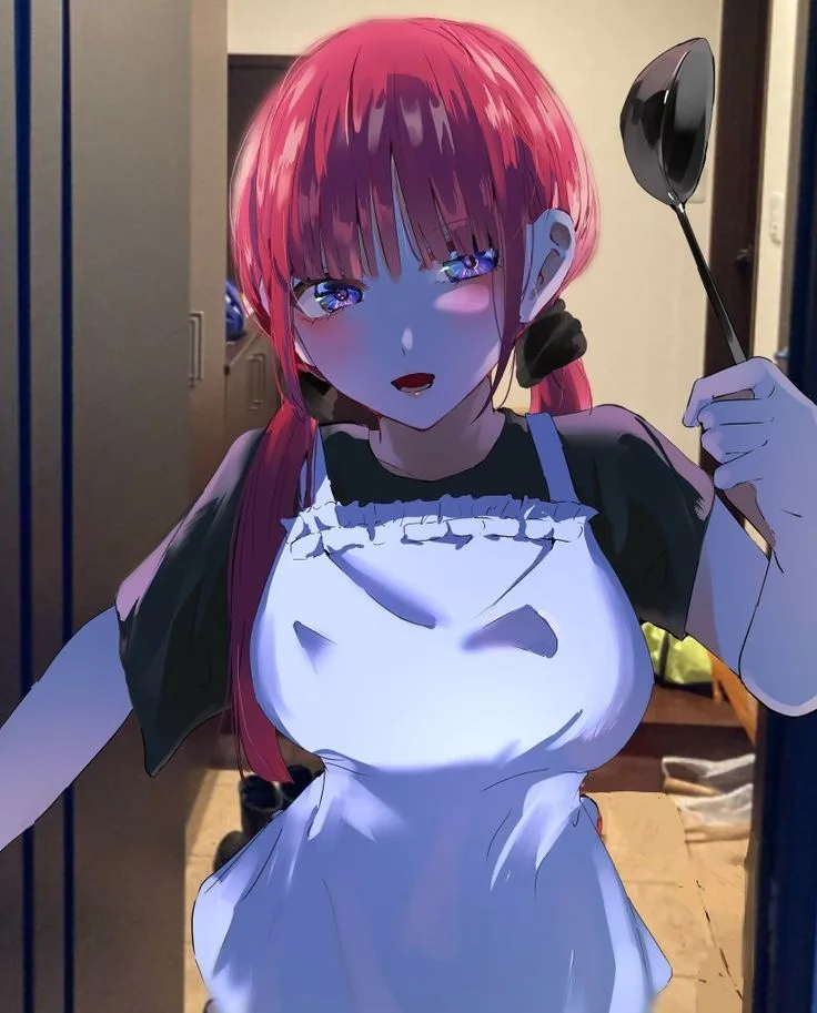 An anime-style illustration of a pink-haired woman with blue eyes wearing a white apron over a black shirt, holding a large…