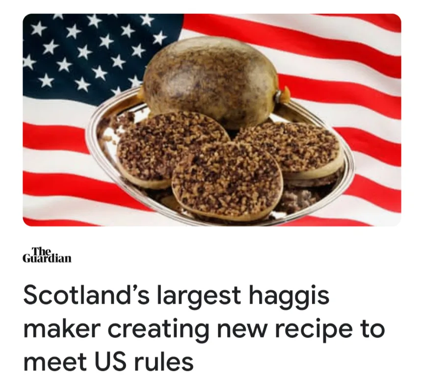 A large haggis and three sliced portions sit on a silver platter against a backdrop of the American flag. Below the image…