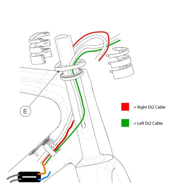 A technical diagram of a bicycle's Di2 electronic shifting system shows red and green cables running along the frame, with a…