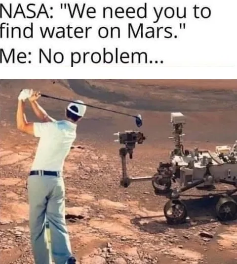 A man in a white shirt and blue pants is swinging a golf club on the red, rocky surface of Mars, with a NASA rover visible…