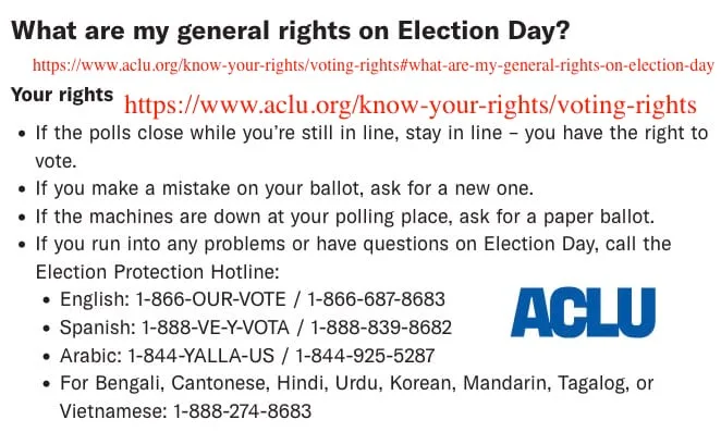 A screenshot of an ACLU informational graphic titled 'What are my general rights on Election Day?' lists voter rights like…