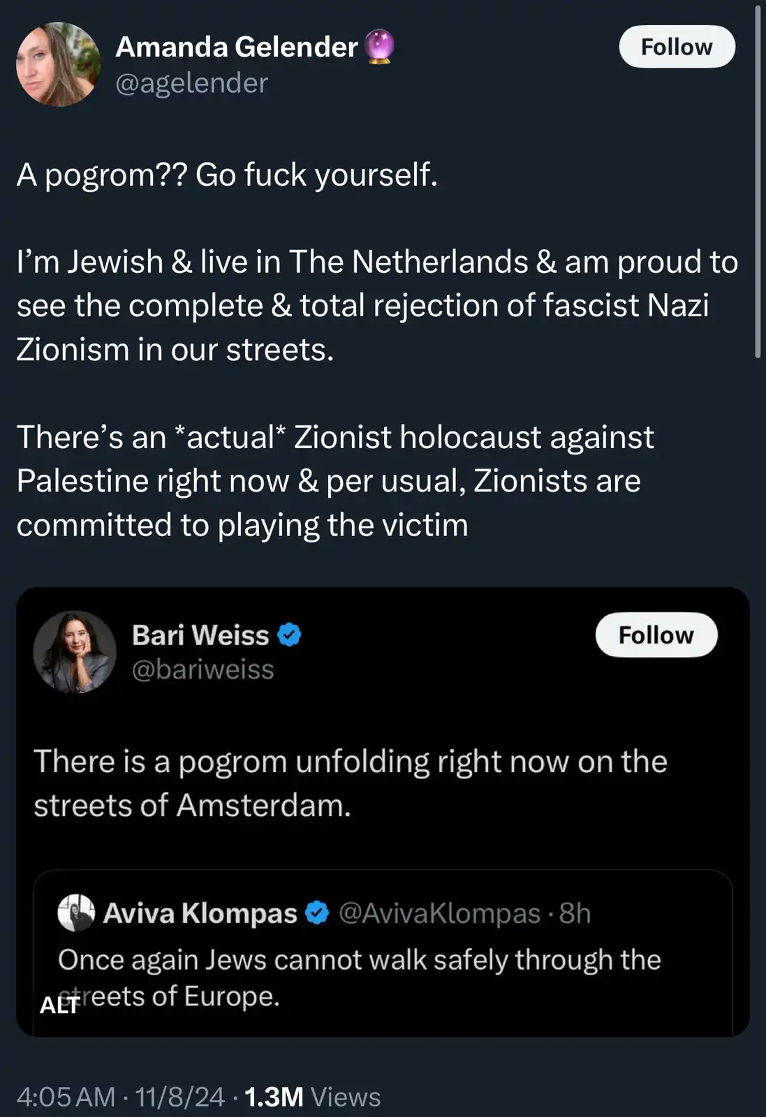 A screenshot of a Twitter thread where Amanda Gelender responds to a tweet by Bari Weiss and Aviva Klompas, who claim a…