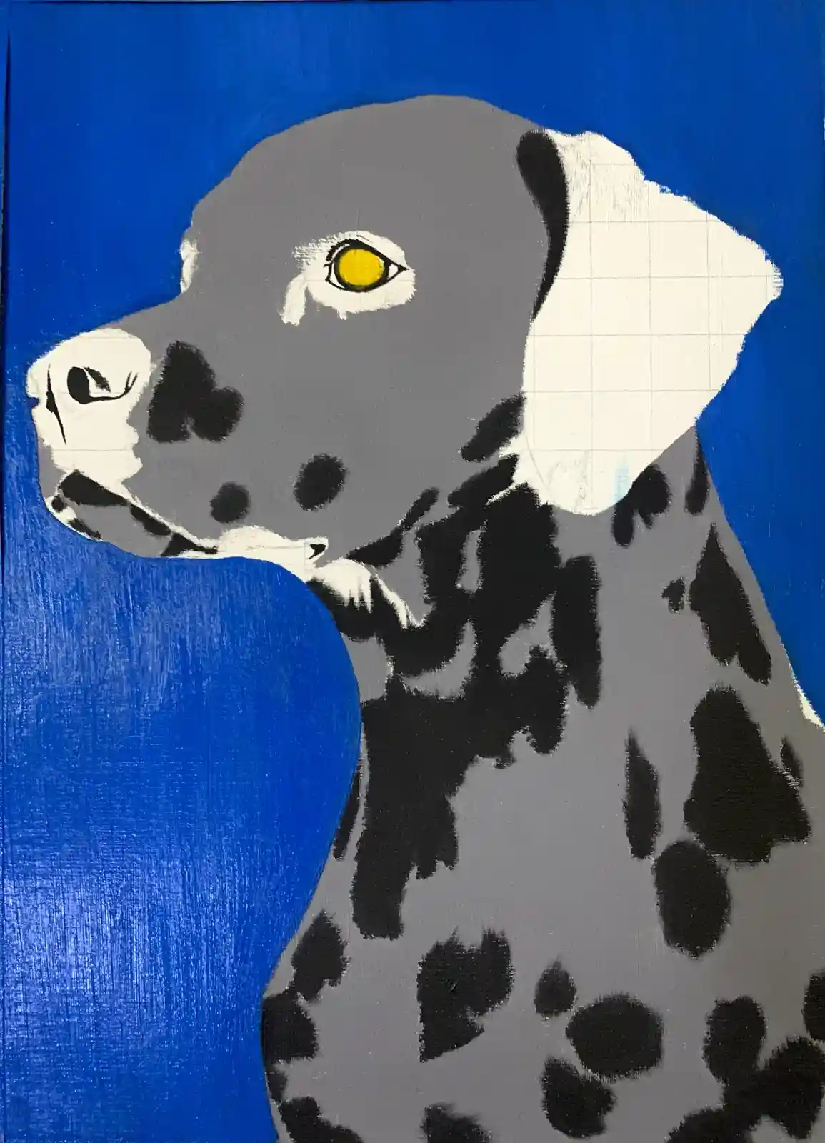 A stylized painting of a dog with grey fur, black spots, and a bright yellow eye, set against a vibrant blue background. The…