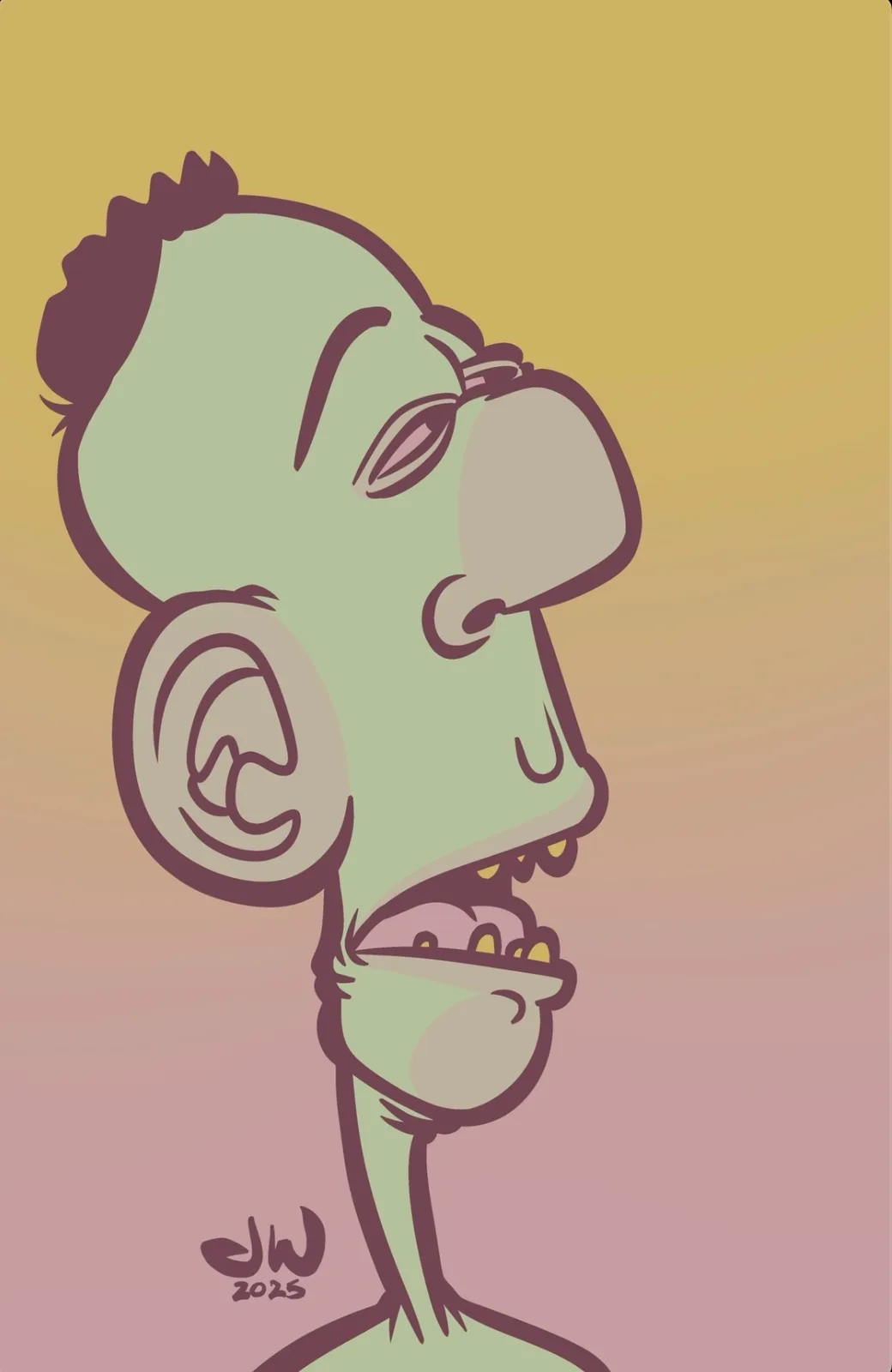 A stylized cartoon illustration of a man's head in profile, depicted with a very large, bulbous nose and an exaggeratedly…