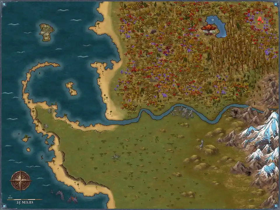 a colorful fantasy map showing a coastal landmass with forests, rivers, mountains, and islands, overlaid with the text 'this…