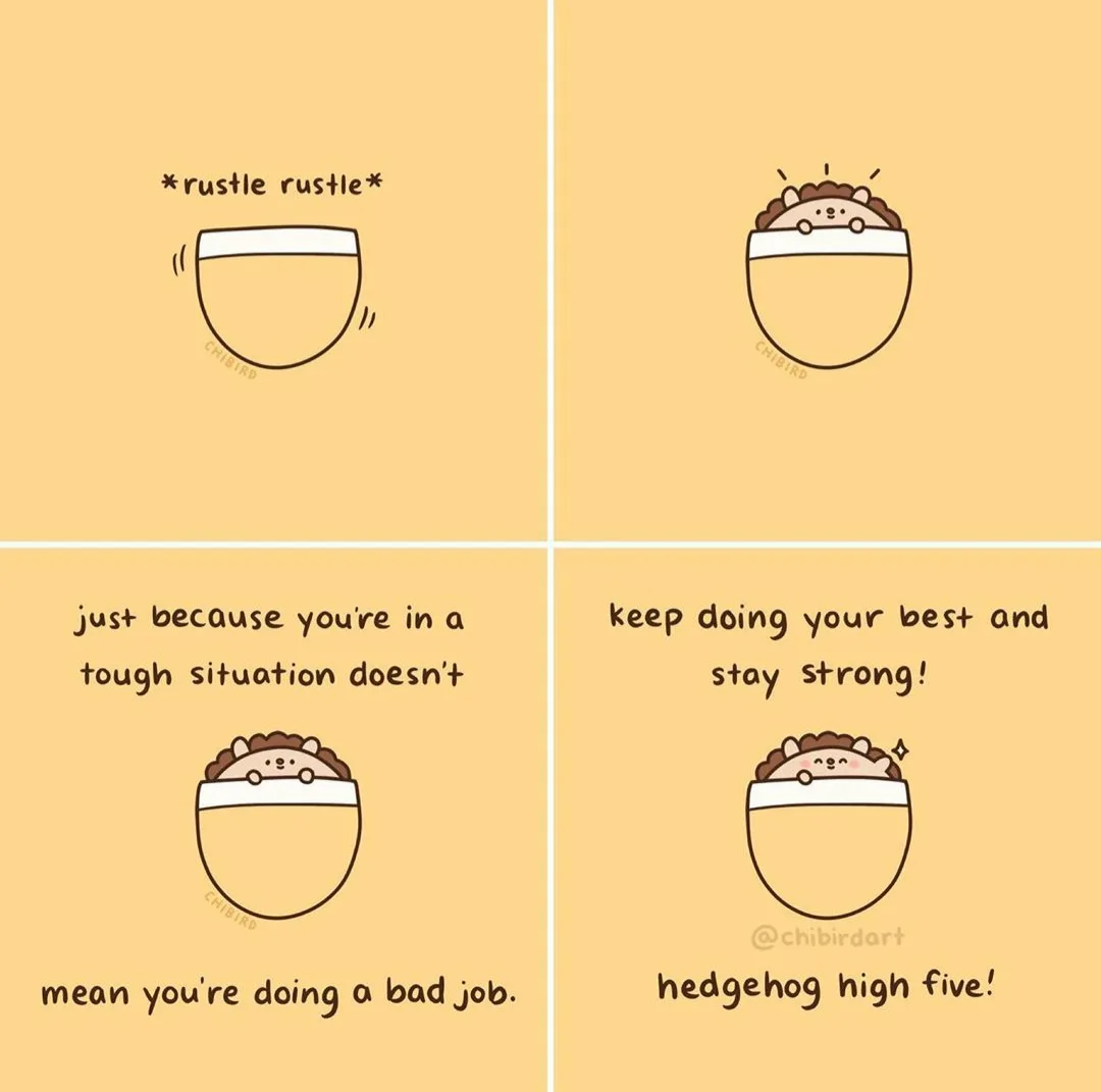 A four-panel comic shows a cartoon hedgehog emerging from a bowl. The first panel shows a bowl with rustling sound effects…