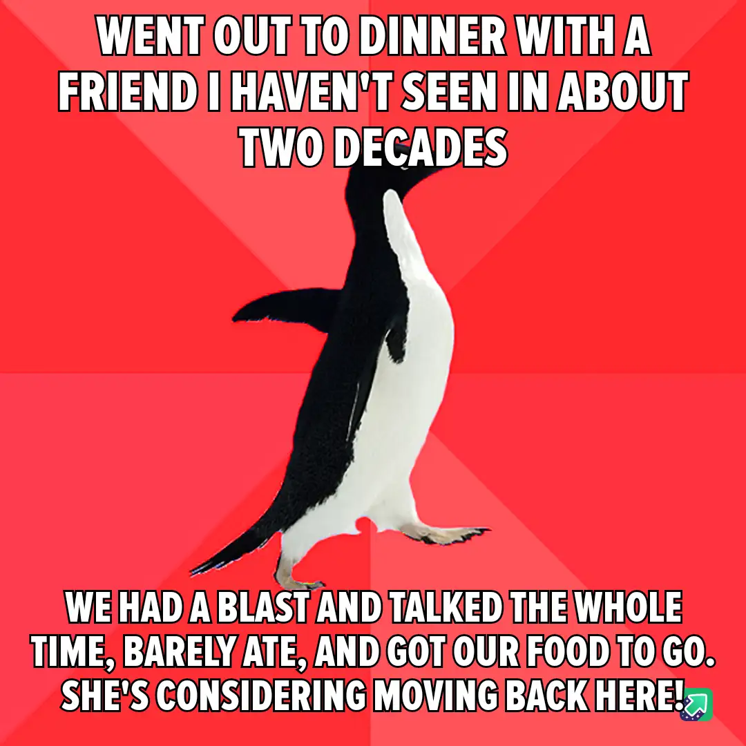 A black-and-white penguin stands upright against a red background with diagonal stripes. White text in bold, blocky font is…