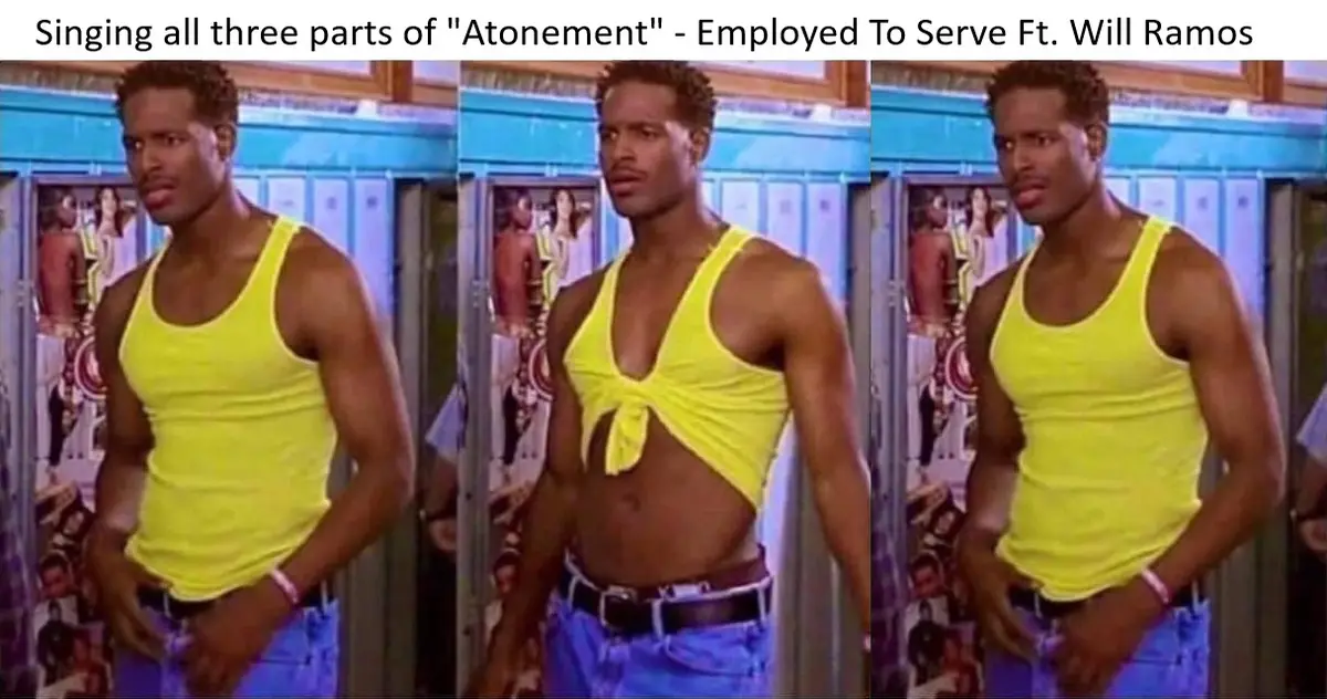 The image shows a triptych of a muscular Black man in a bright yellow tank top and blue jeans standing in front of lockers…