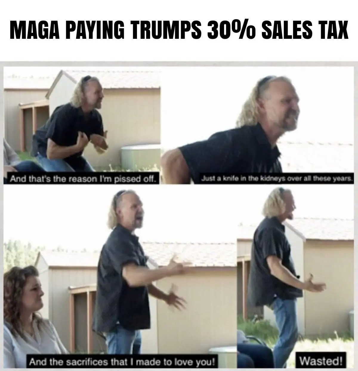 A four-panel meme featuring a man with long blonde hair and a black shirt, visibly escalating in anger as he gestures…