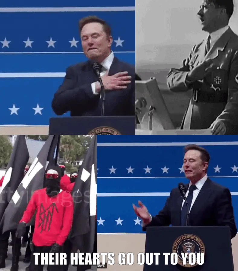 A collage of three panels shows Elon Musk at a podium with the presidential seal, juxtaposed with black-and-white images of…