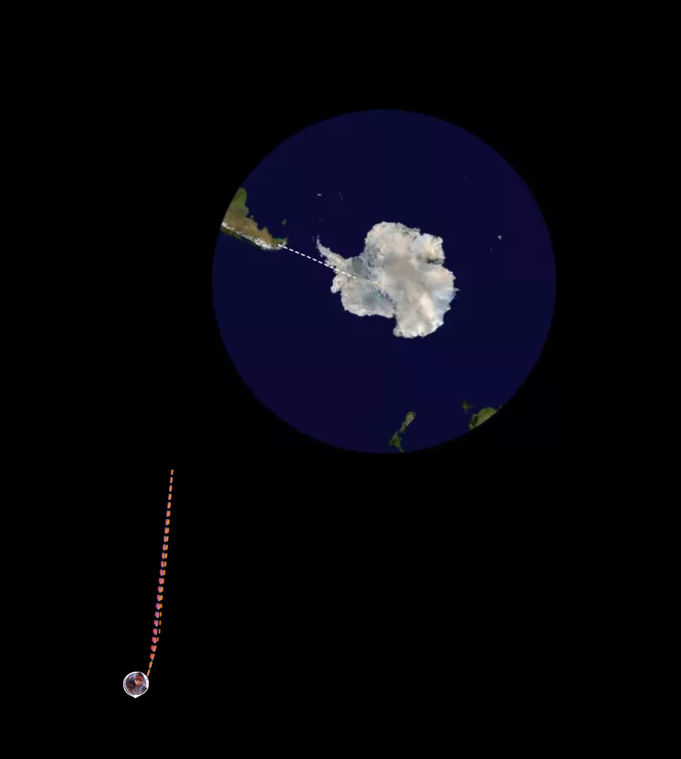 A circular satellite view shows Antarctica and a small landmass to its north, with a dotted line extending from Antarctica…