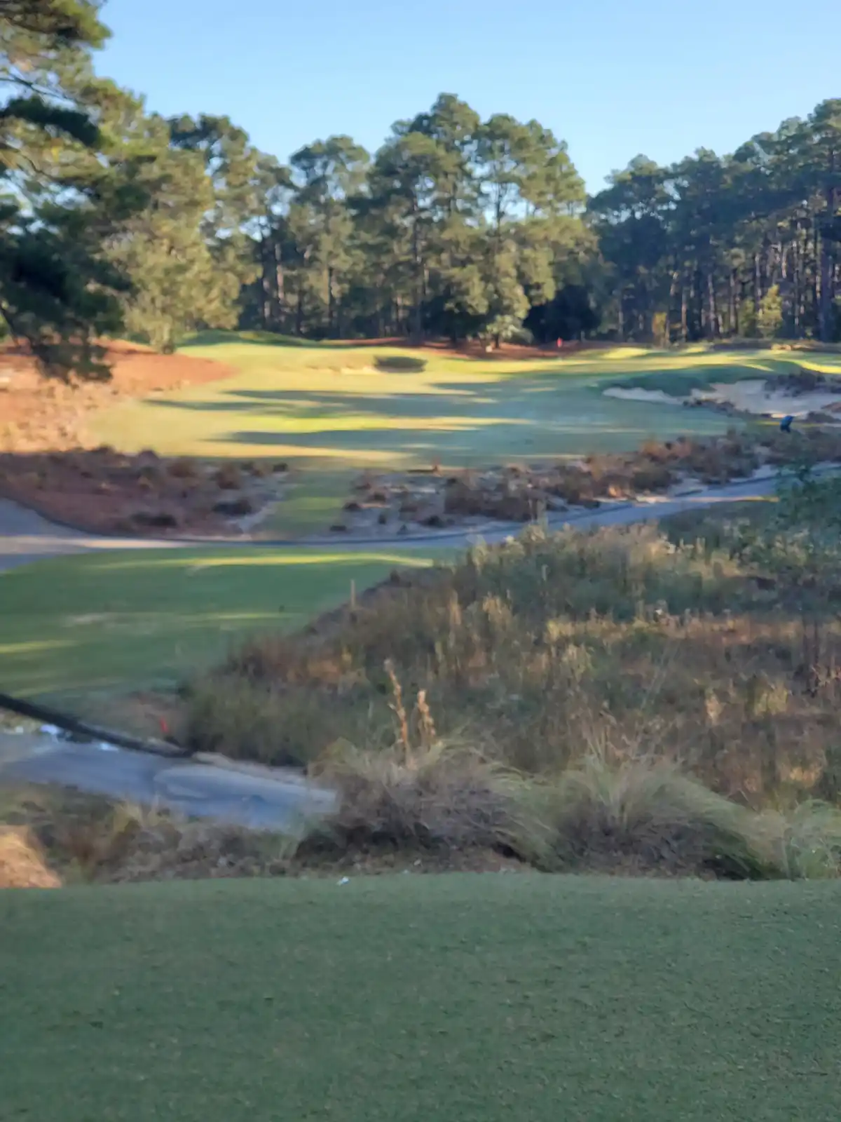A blurry photo of a golf course with green fairways, sand traps, and trees under a clear blue sky. A person in a blue shirt…
