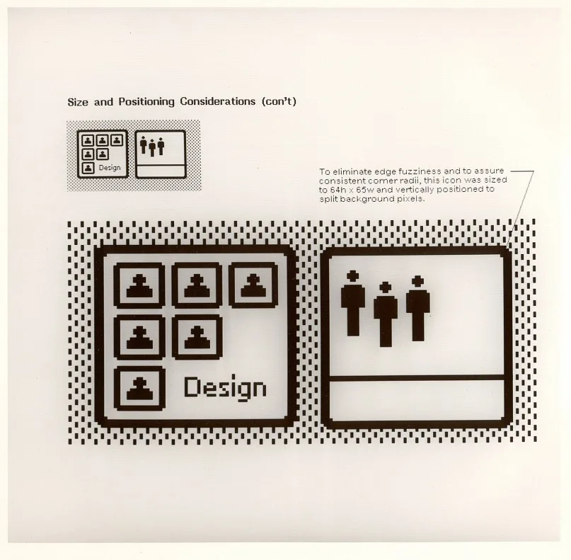 A technical document page titled 'Size and Positioning Considerations (con't)' shows two pixel art icons: one with six small…