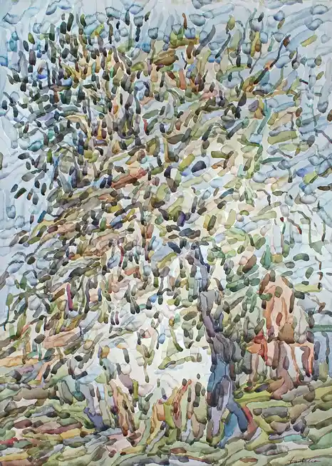 A watercolor painting of a tree with abstract, colorful brushstrokes depicting leaves and branches against a light…