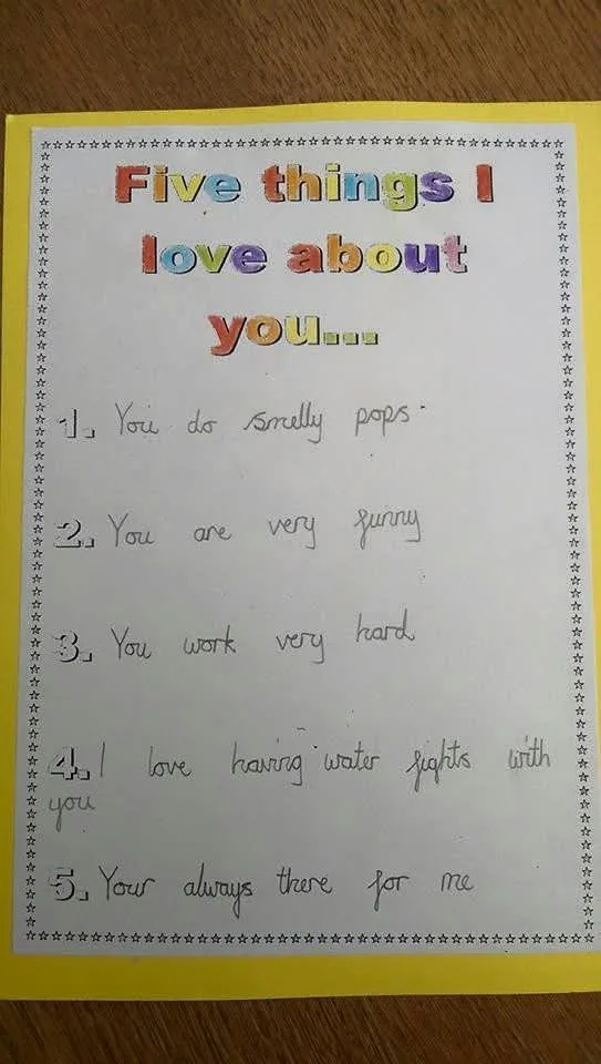 A handwritten note on a white paper with a yellow border, framed by star patterns, lists 'Five things I love about you...'…