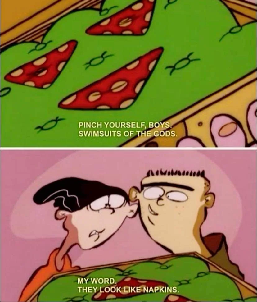 The image is a two-panel cartoon meme from 'Ed, Edd n Eddy'. The top panel shows a green blanket with red polka-dotted…