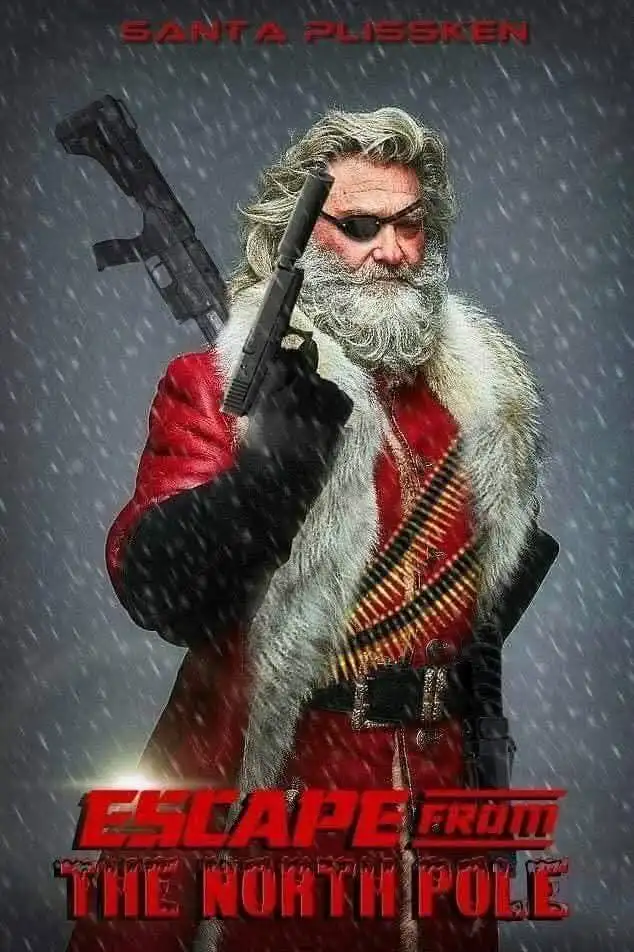 A man with a long white beard and eyepatch, dressed in a red Santa suit with a fur collar, holds two firearms while standing…