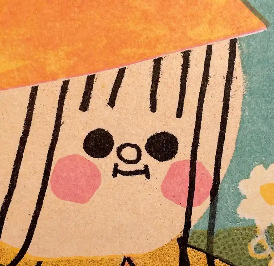 A close-up of a cartoon character with a sad, teary-eyed expression, rosy cheeks, and black vertical lines representing…