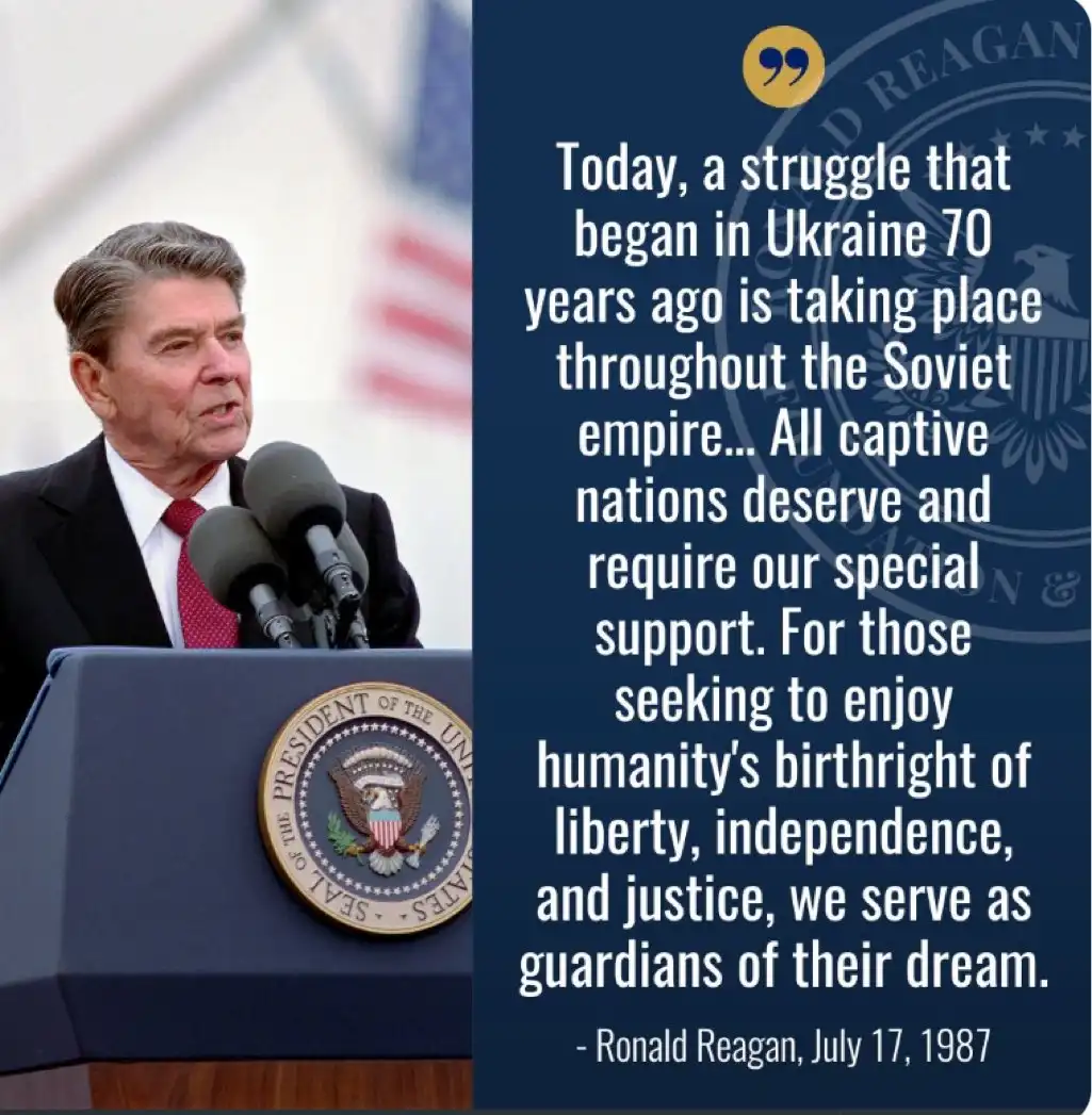 An image of Ronald Reagan speaking at a podium with the presidential seal, overlaid with a quote attributed to him from July…