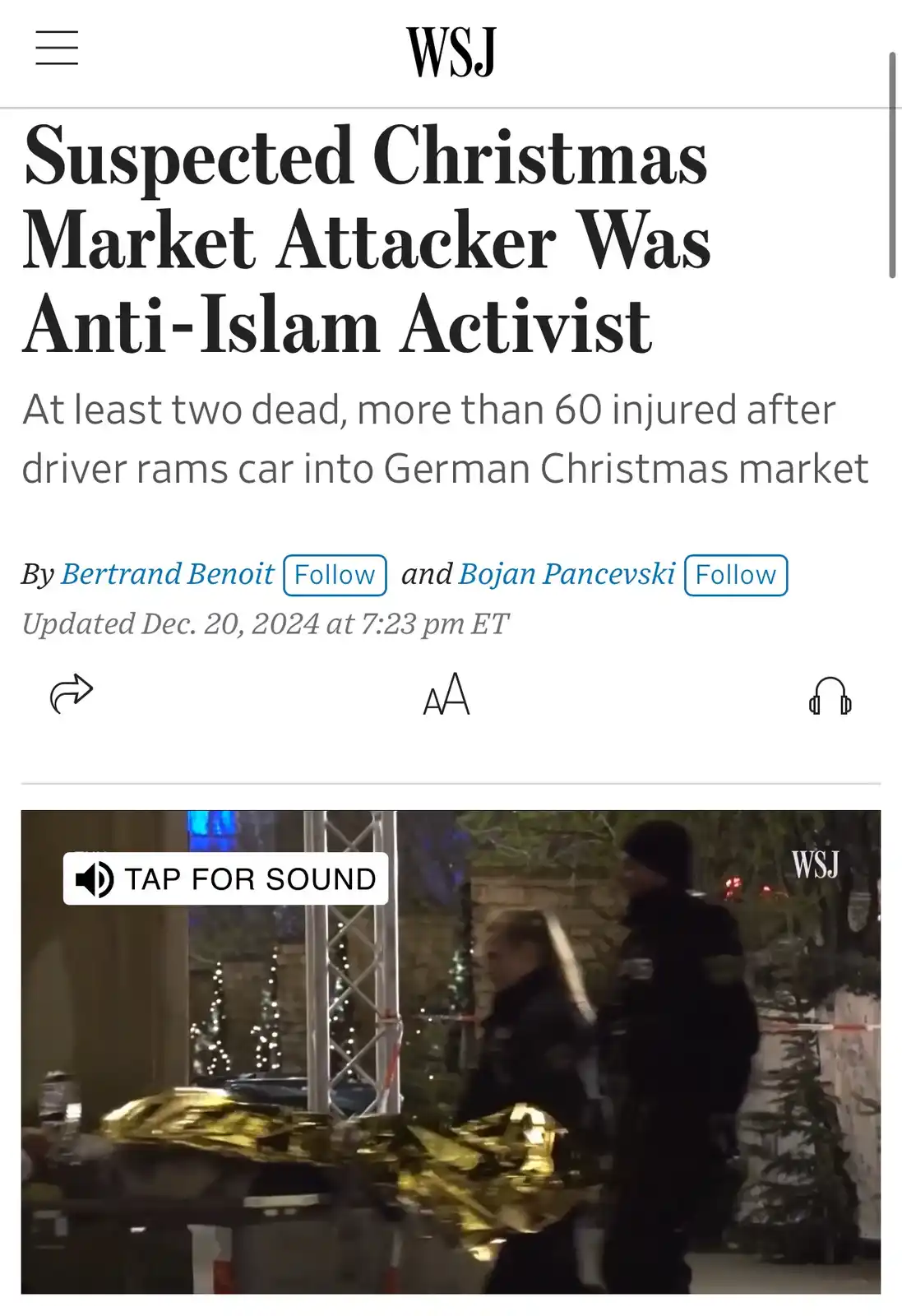 A screenshot of a Wall Street Journal article headline about a suspected Christmas market attacker being an anti-Islam…