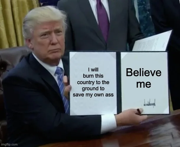 A man in a suit sits at a desk holding two documents. The left document reads 'I will burn this country to the ground to…