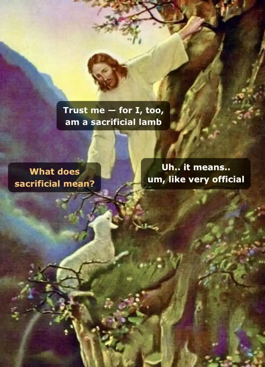 A religious painting depicts Jesus Christ standing on a tree branch with a white lamb below him. Three text boxes overlay…