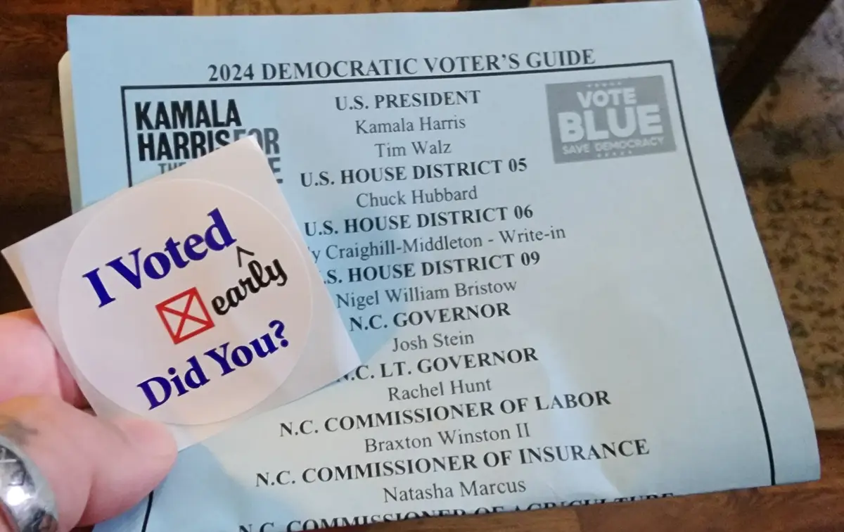 A hand holds a circular 'I Voted' sticker with 'early' crossed out and replaced by a caret, over a 2024 Democratic Voter's…