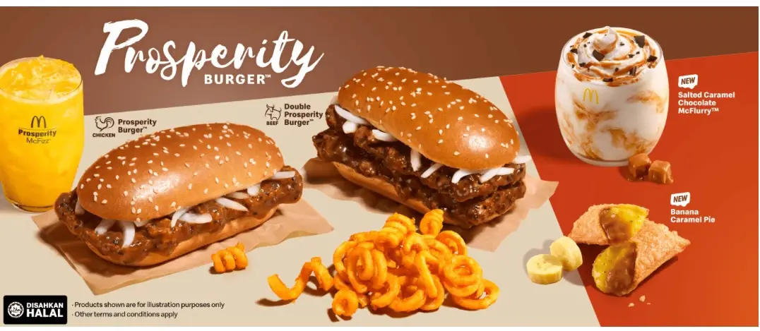 An advertisement image for McDonald's 'Prosperity Burger' meal featuring two burgers, curly fries, a drink, and dessert. The…