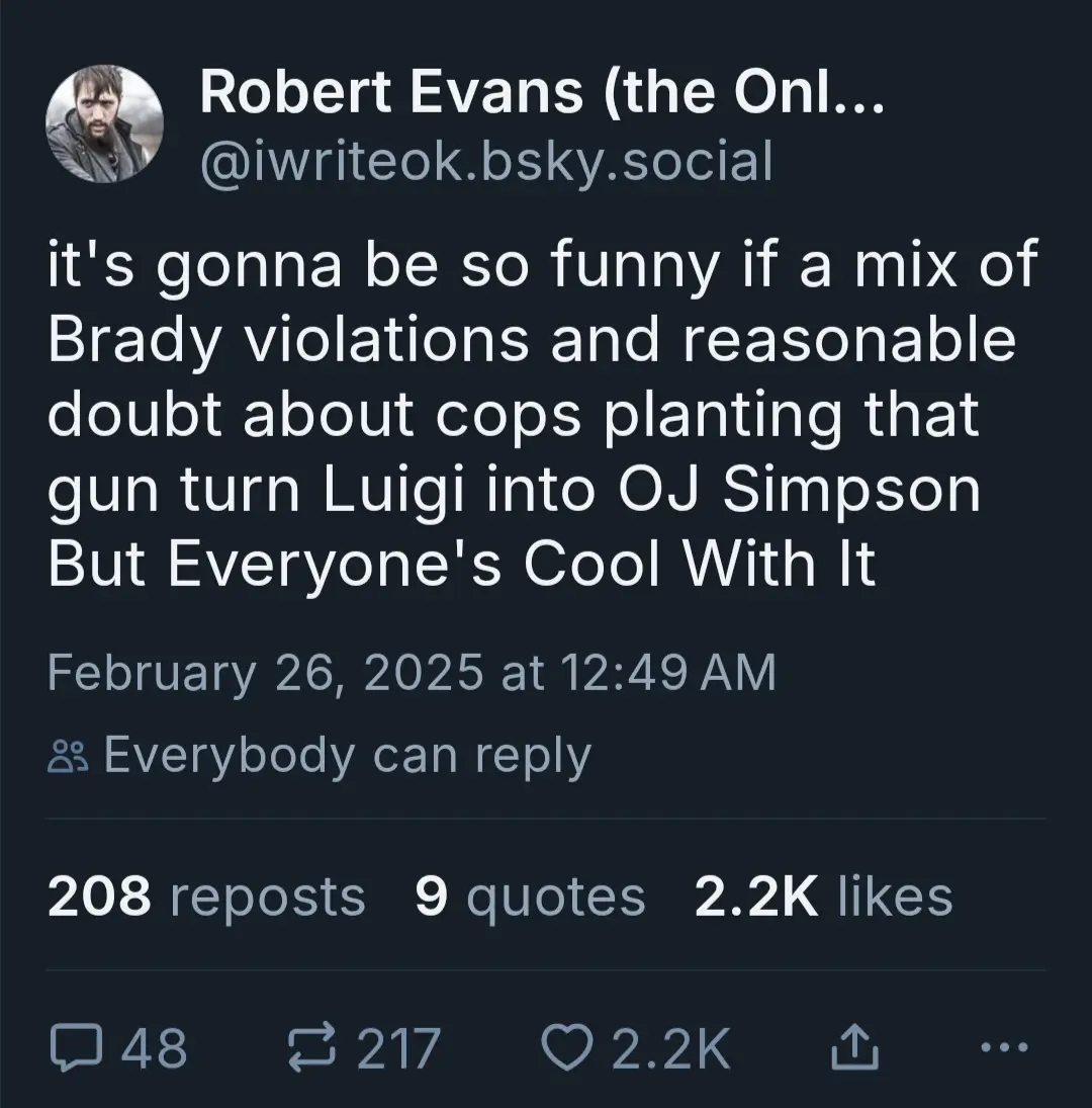A screenshot of a Bluesky social media post by Robert Evans showing a humorous comment about a fictional scenario where…