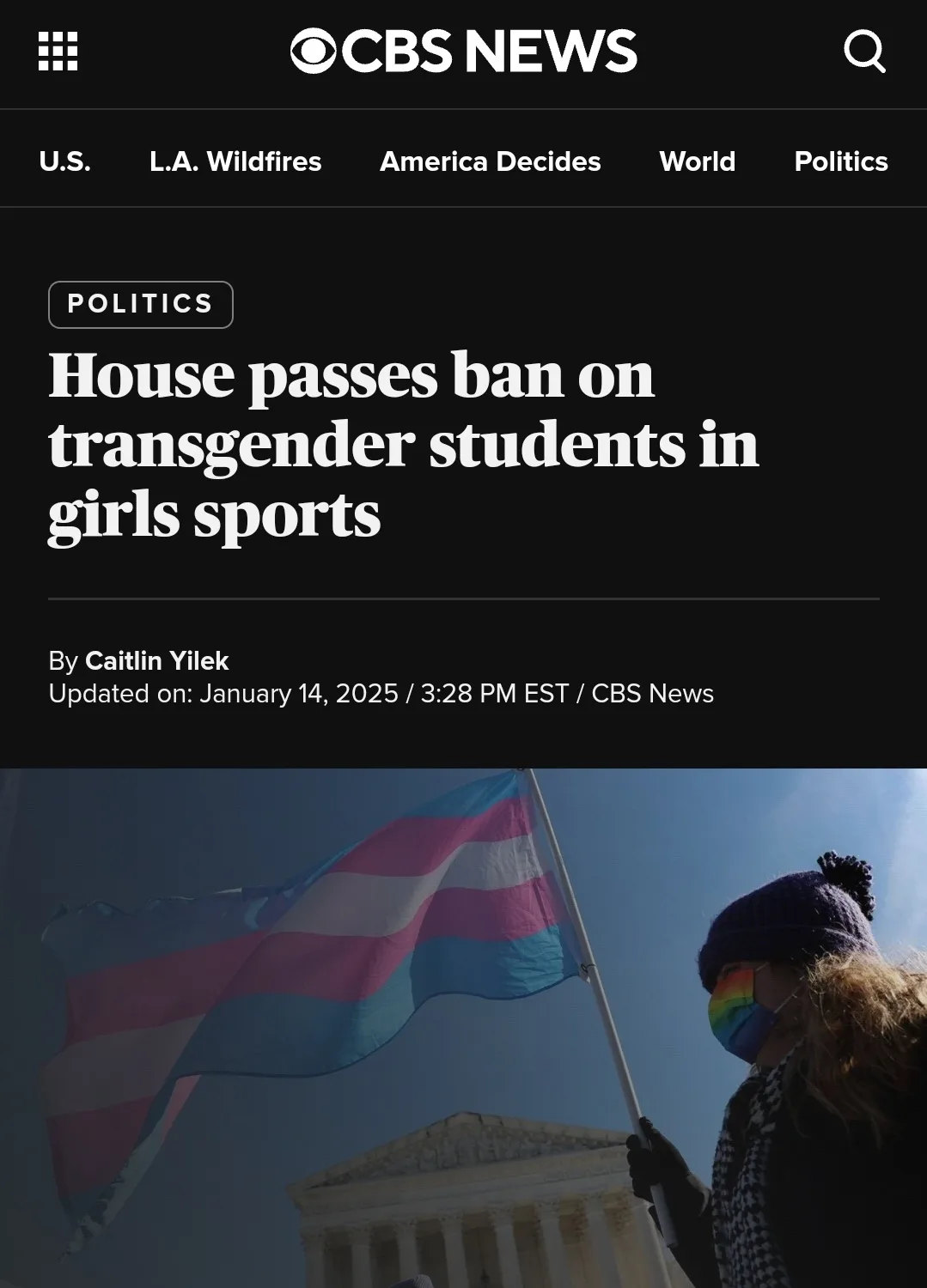 A screenshot of a CBS News article with the headline 'House passes ban on transgender students in girls sports' overlaid on…