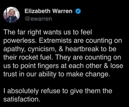 A screenshot of a tweet from Elizabeth Warren's verified Twitter account, featuring her profile picture and a message about…