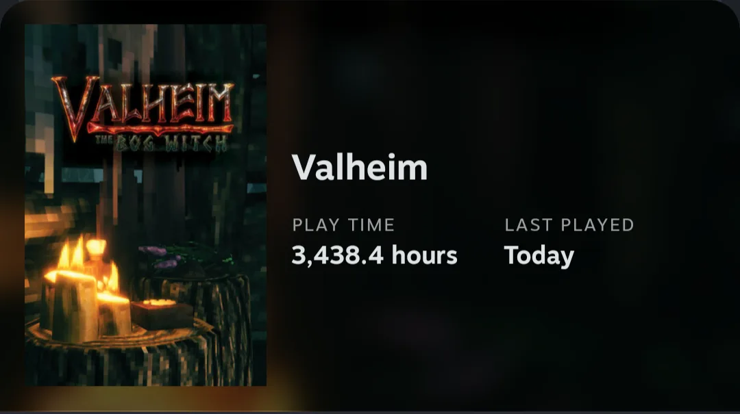 A game library screen shows 'Valheim' with a playtime of 3,438.4 hours and 'Last Played Today', next to a pixelated game…